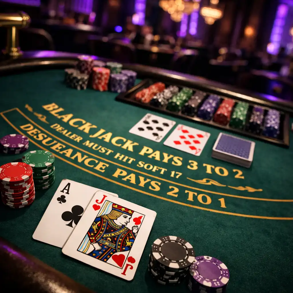 Stół do blackjacka z kartami i żetonami w ciemnym wnętrzu