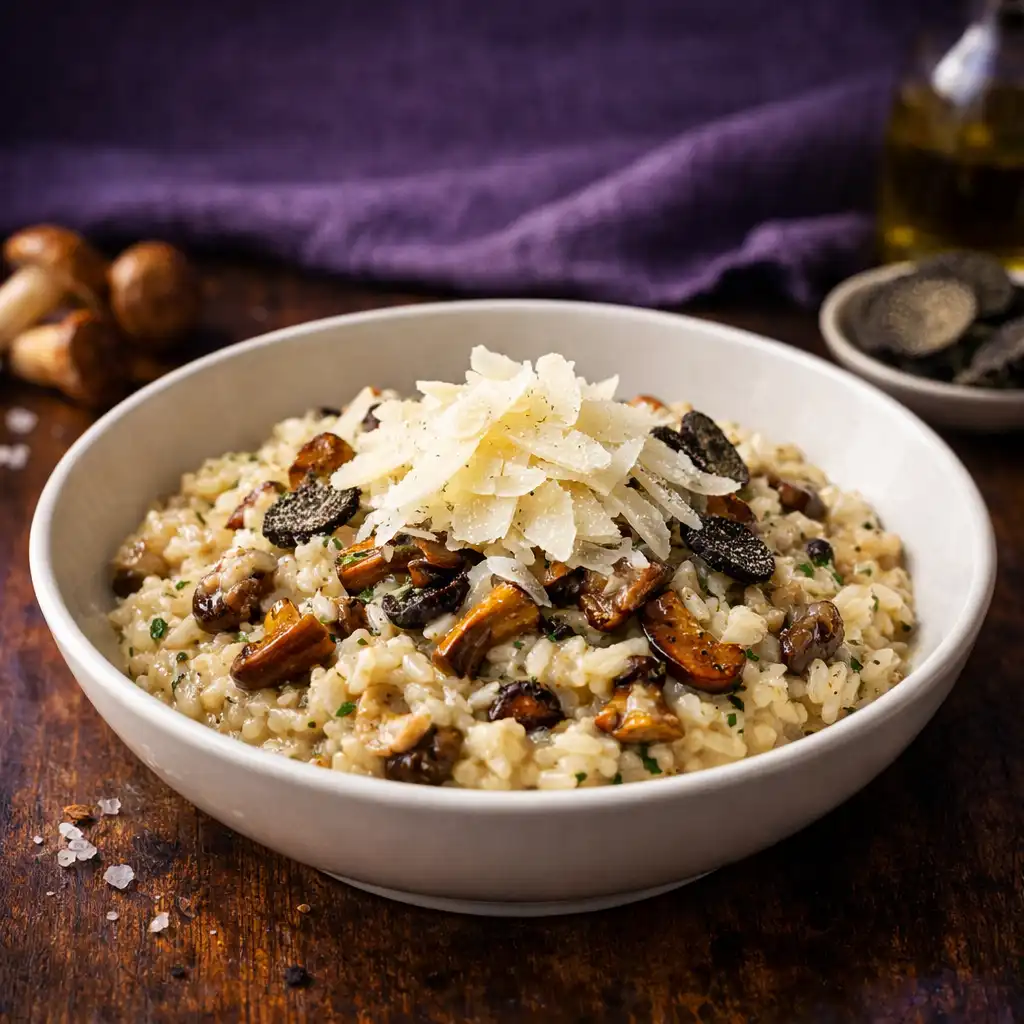 Kremowe risotto udekorowane parmezanem, grzybami i truflą
