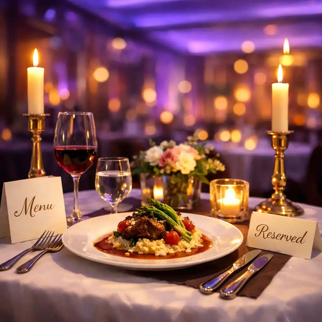 Elegancko nakryty stół z daniem, kartami i świecami w restauracyjnym wnętrzu