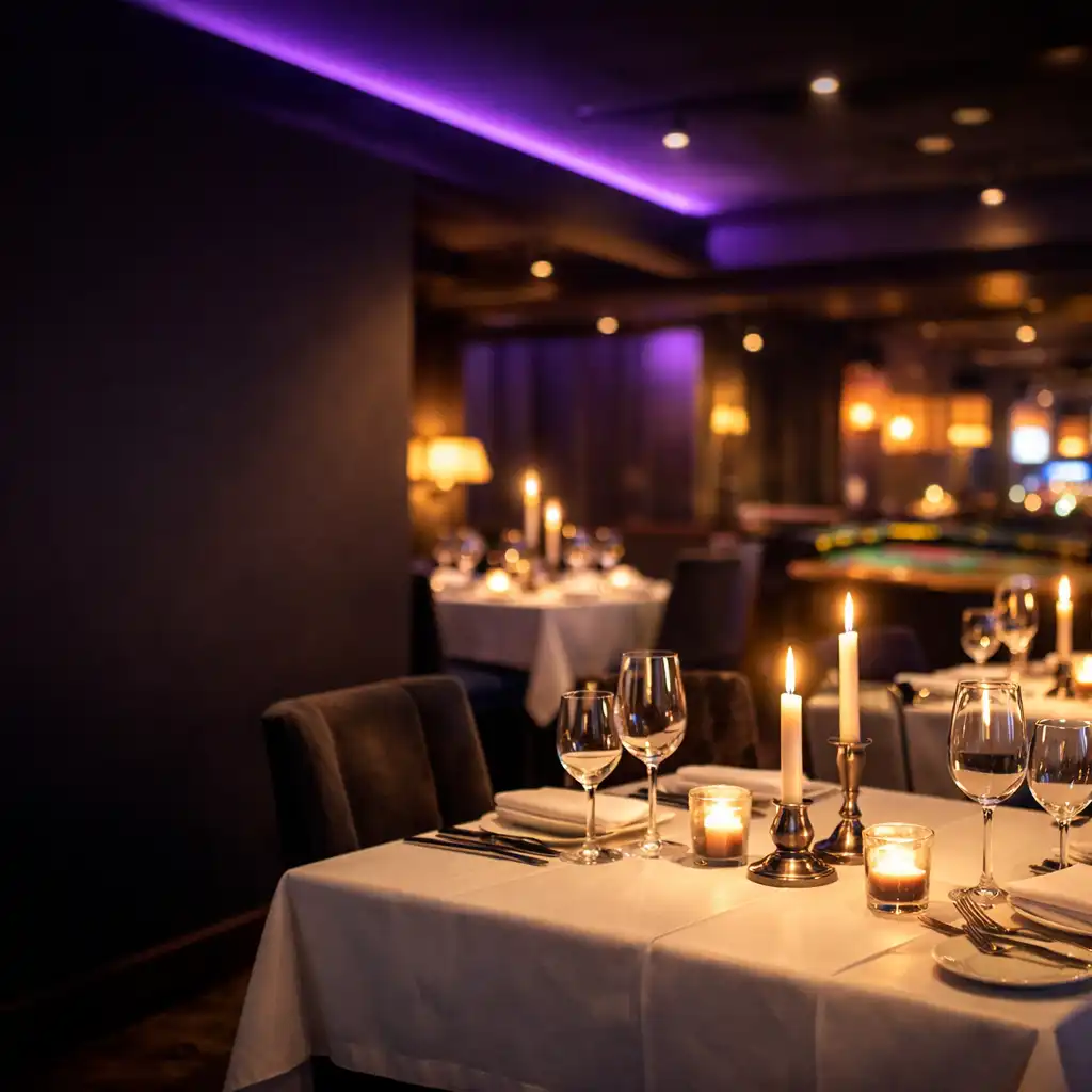 Eleganckie wnętrze restauracji Feasting Place z fioletowym oświetleniem i subtelnie widocznymi stołami do gry