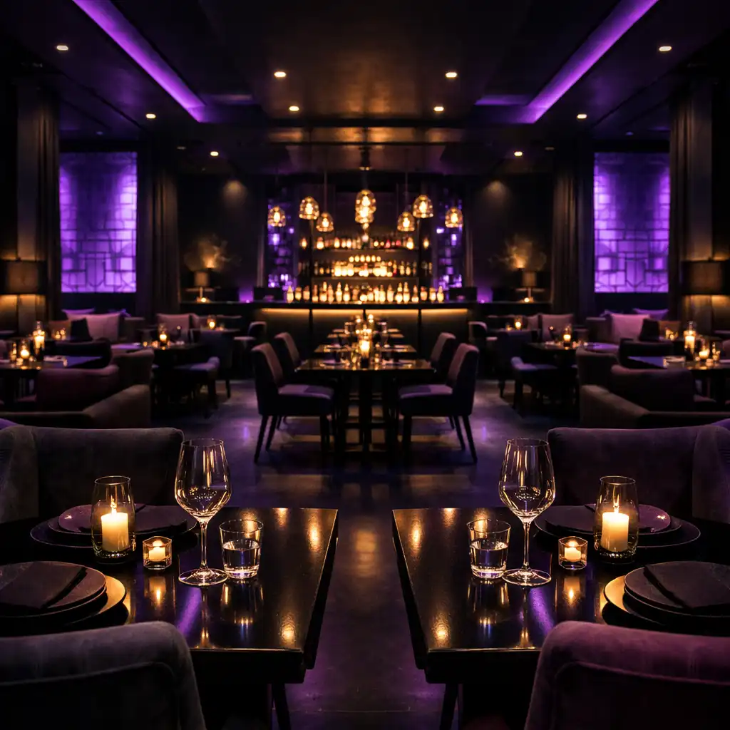 Elegancka sala restauracyjna z podświetlonym barem