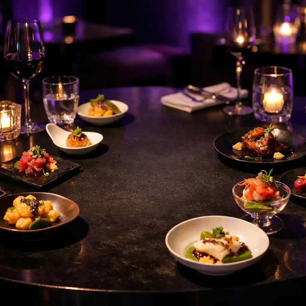 Elegancko nakryty stół z małymi daniami degustacyjnymi w ciemnej restauracyjnej sali