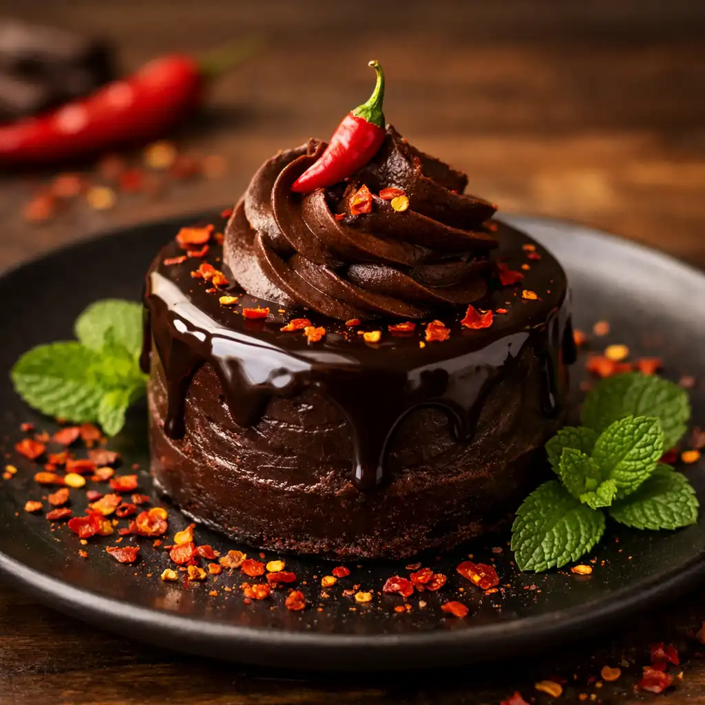 Deser czekoladowy z chili udekorowany płatkami chili i miętą