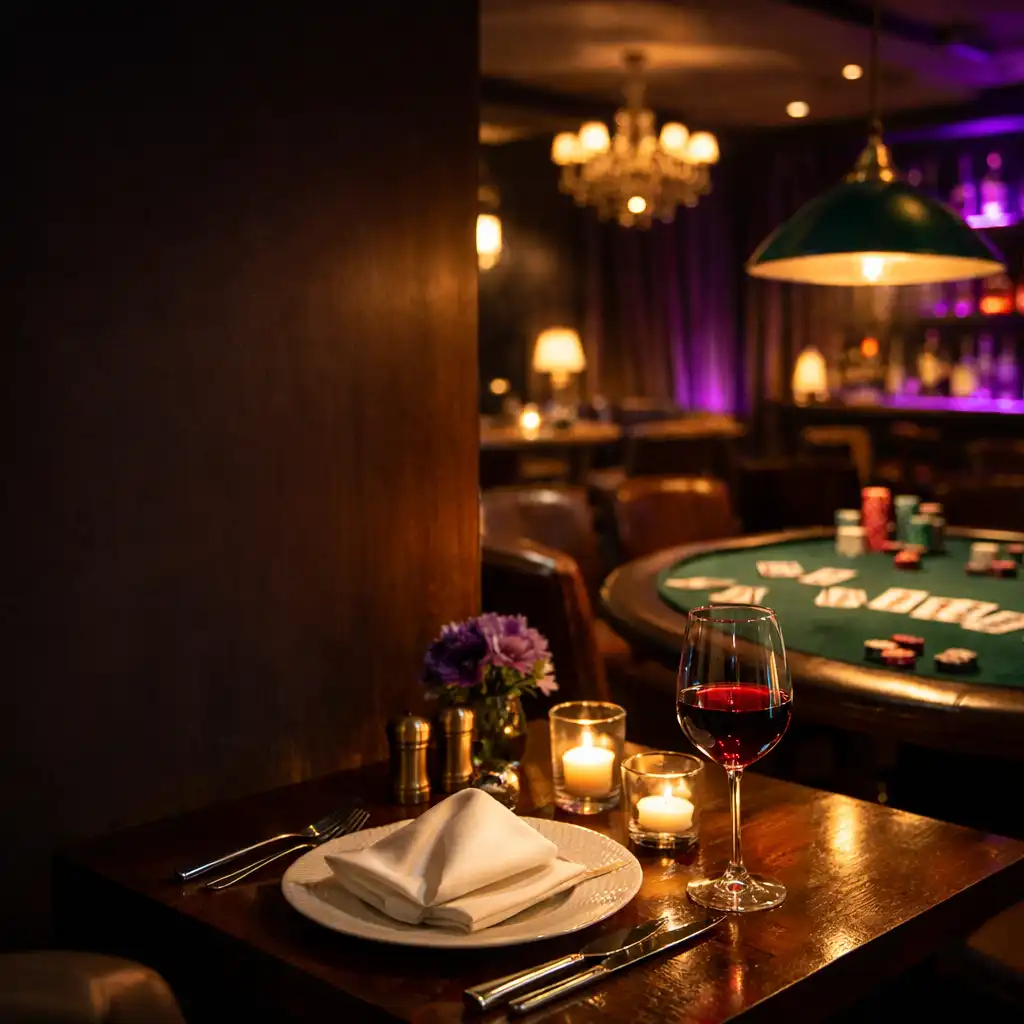 Nastrojowe wnętrze Feasting Place ze stołem do pokera i eleganckim stolikiem restauracyjnym